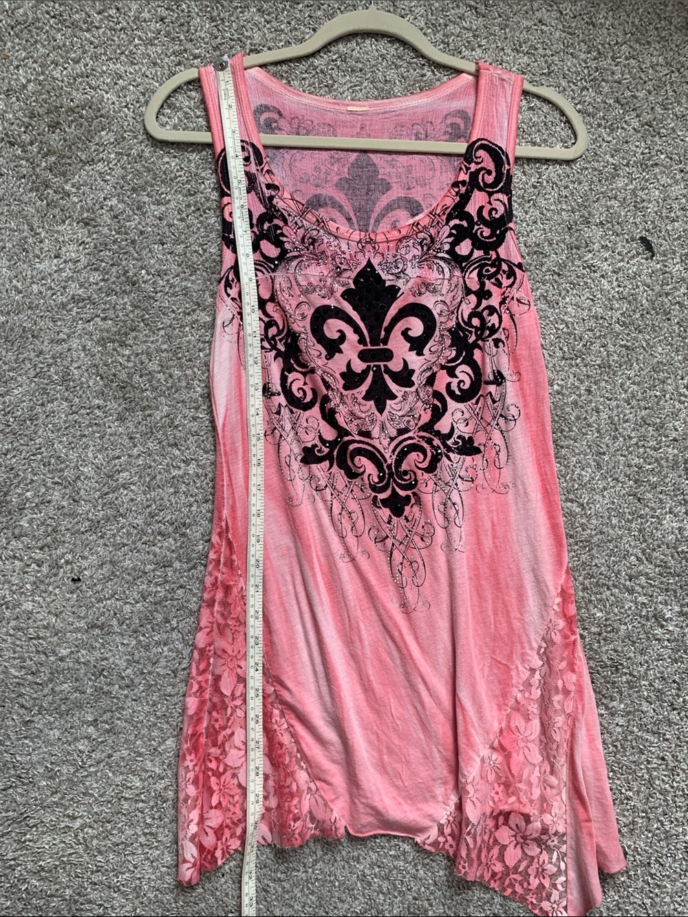 Y2K Pink Fleur de Lis Lace Panels Sleeveless Tunic Top - Picture 5 of 6